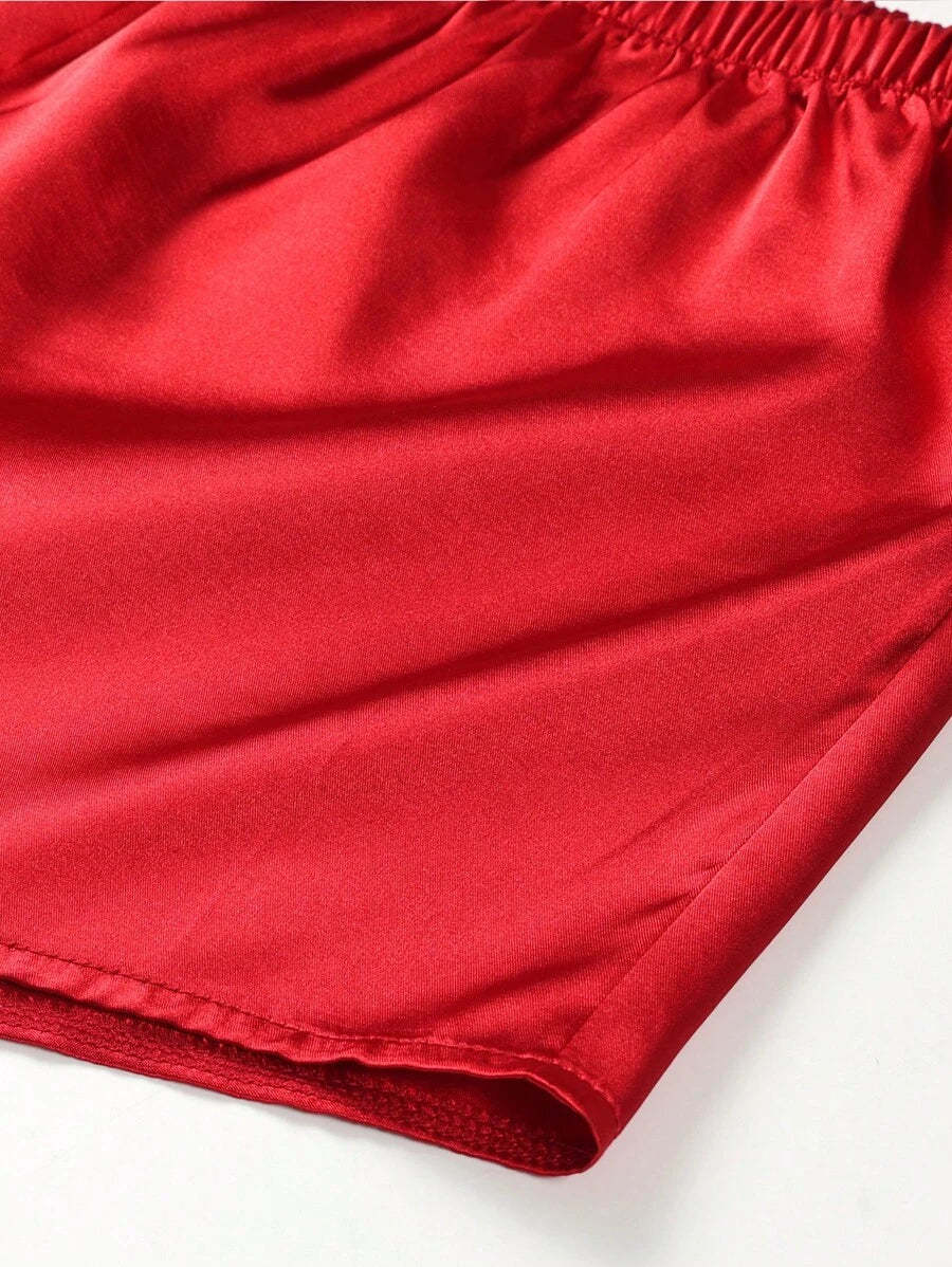 Contrast Lace Harness Satin Cami Top And Shorts Set-Soco Hoodie