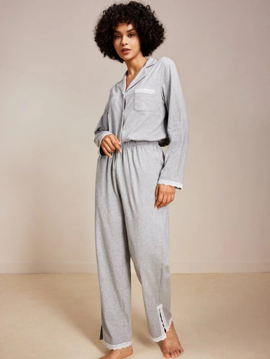 Contrast Lace Cotton Pajama Set-Soco Hoodie