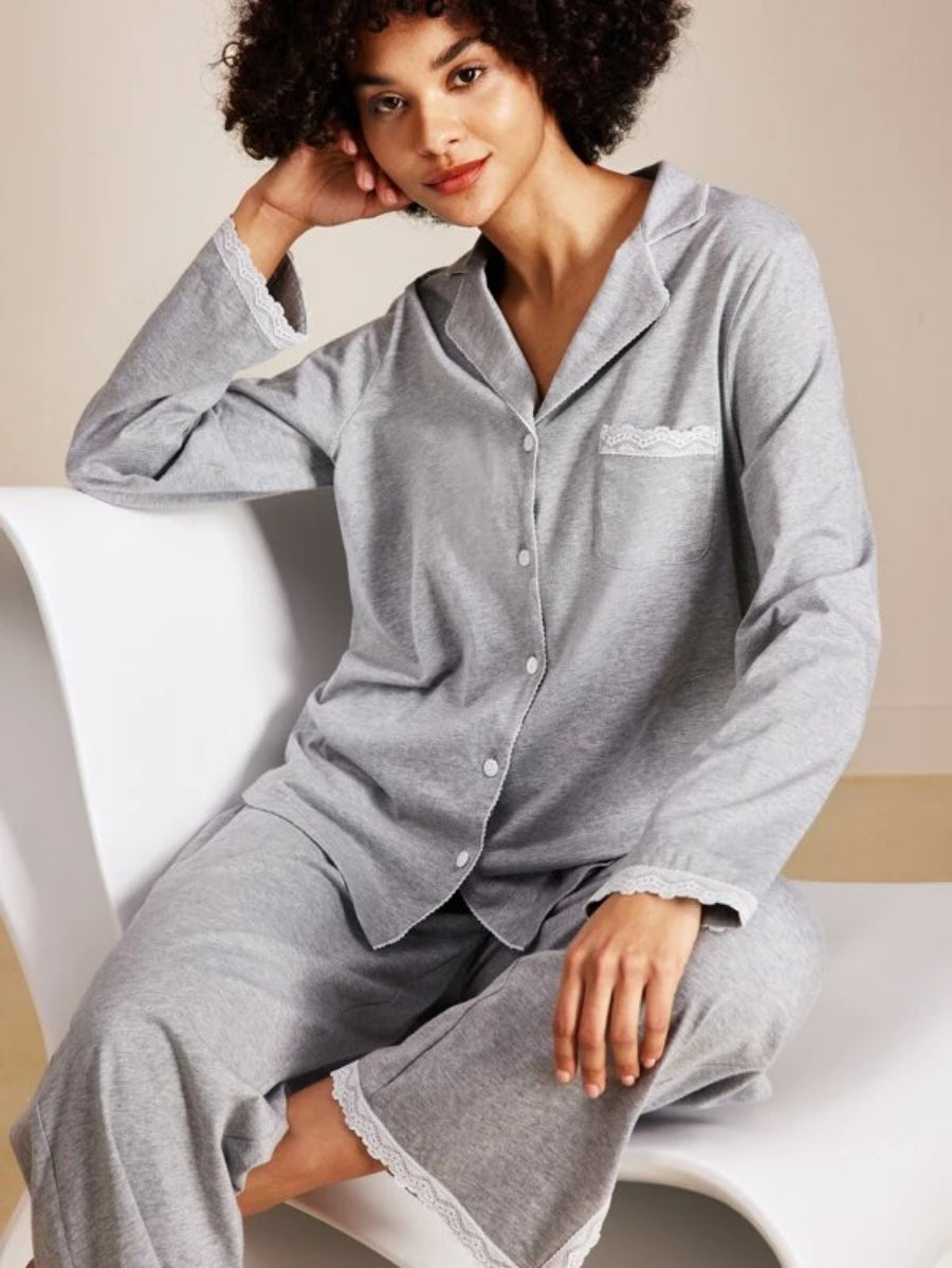 Contrast Lace Cotton Pajama Set-Soco Hoodie