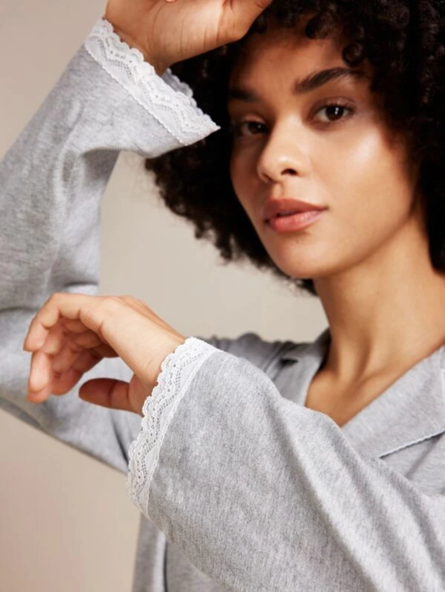 Contrast Lace Cotton Pajama Set-Soco Hoodie