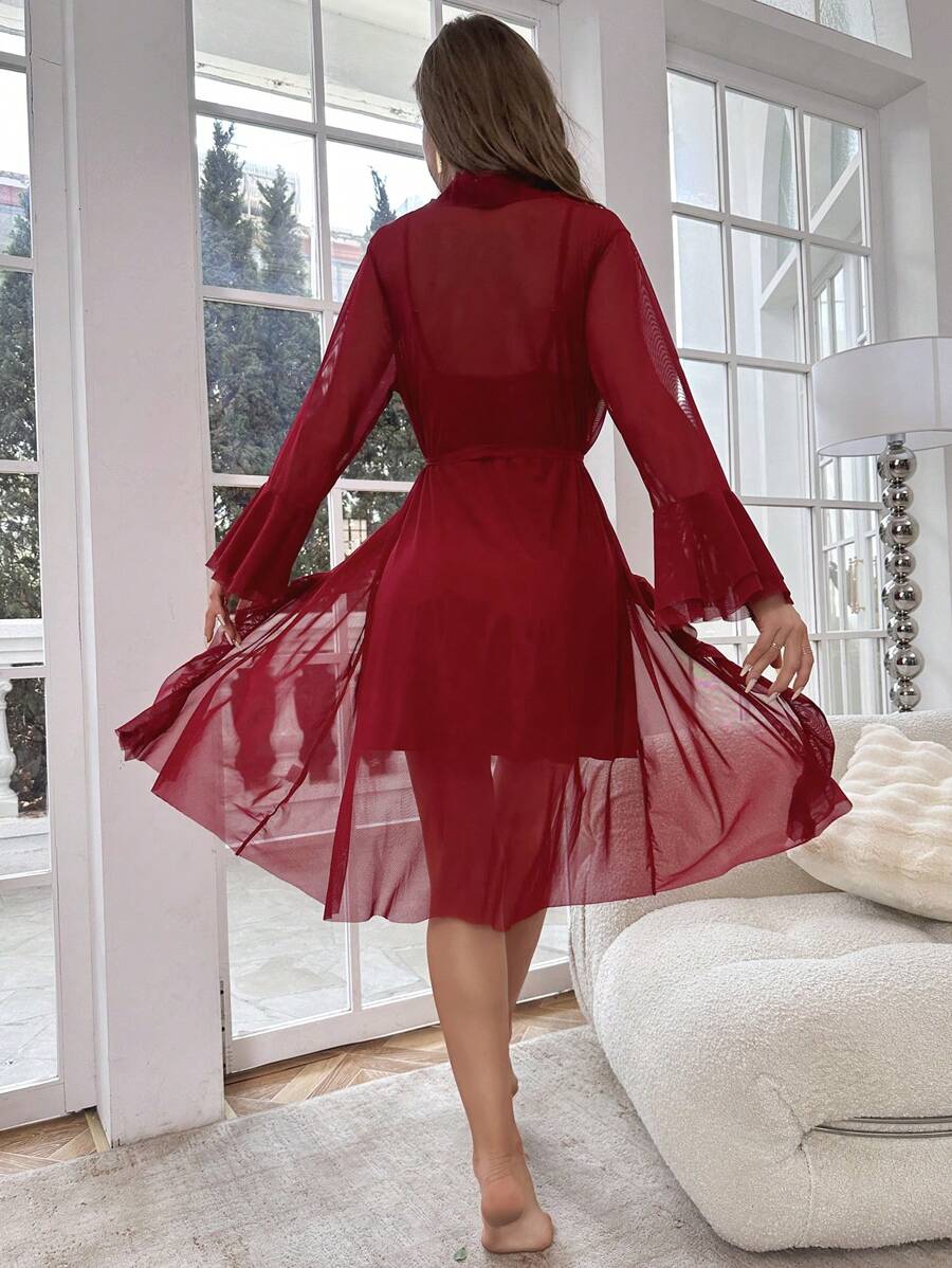 Ruffle Trim Cami Nightdress And Robe Set-Soco Hoodie