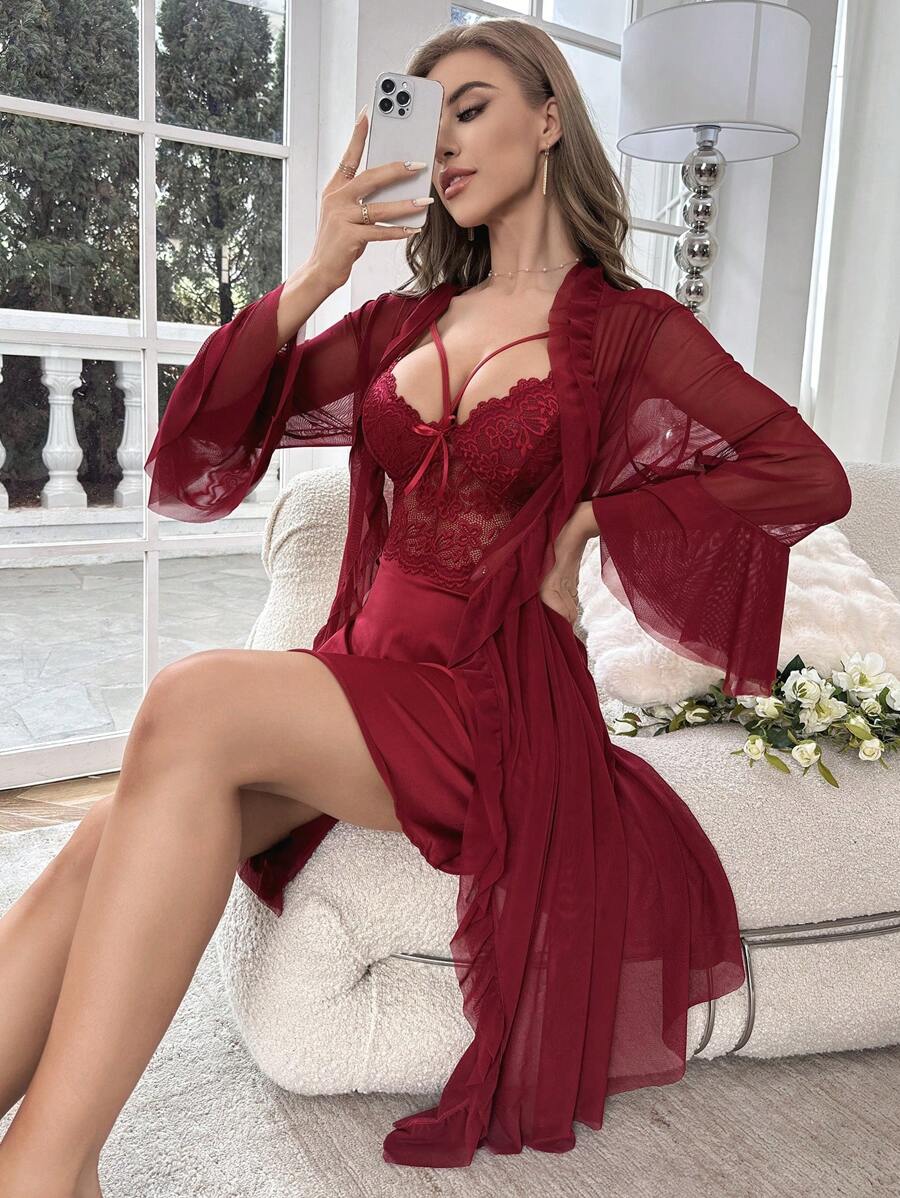 Ruffle Trim Cami Nightdress And Robe Set-Soco Hoodie