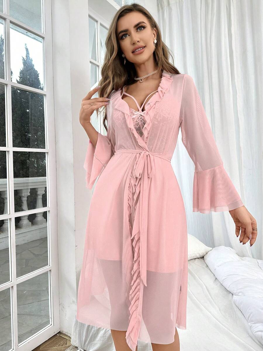 Ruffle Trim Cami Nightdress And Robe Set-Soco Hoodie