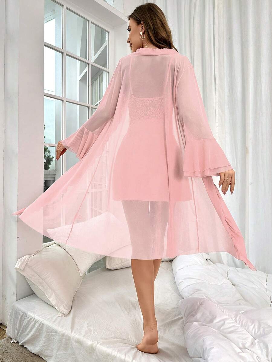 Ruffle Trim Cami Nightdress And Robe Set-Soco Hoodie