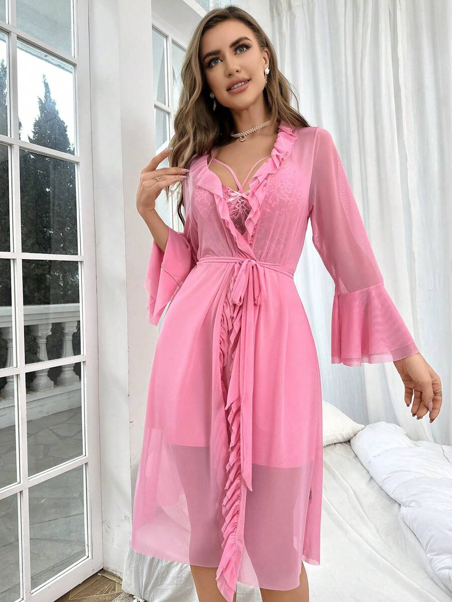 Ruffle Trim Cami Nightdress And Robe Set-Soco Hoodie