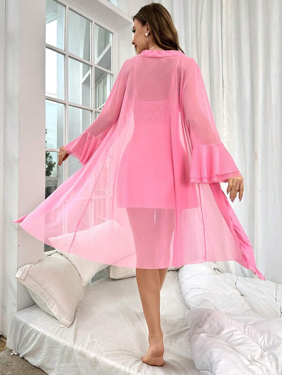 Ruffle Trim Cami Nightdress And Robe Set-Soco Hoodie