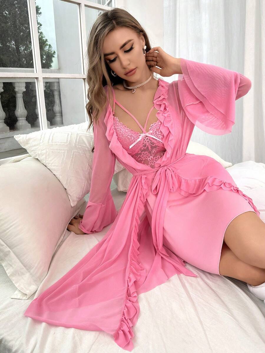 Ruffle Trim Cami Nightdress And Robe Set-Soco Hoodie
