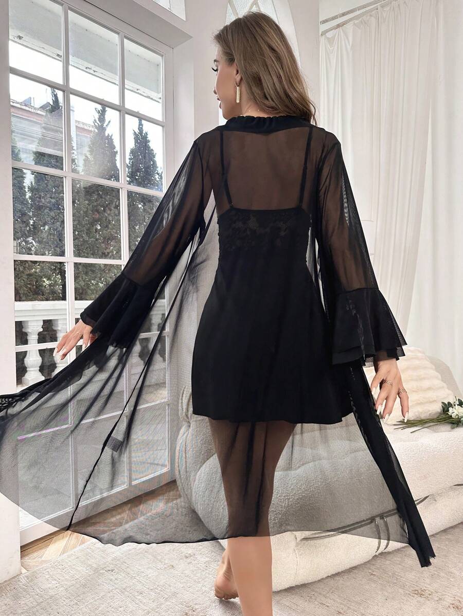 Ruffle Trim Cami Nightdress And Robe Set-Soco Hoodie