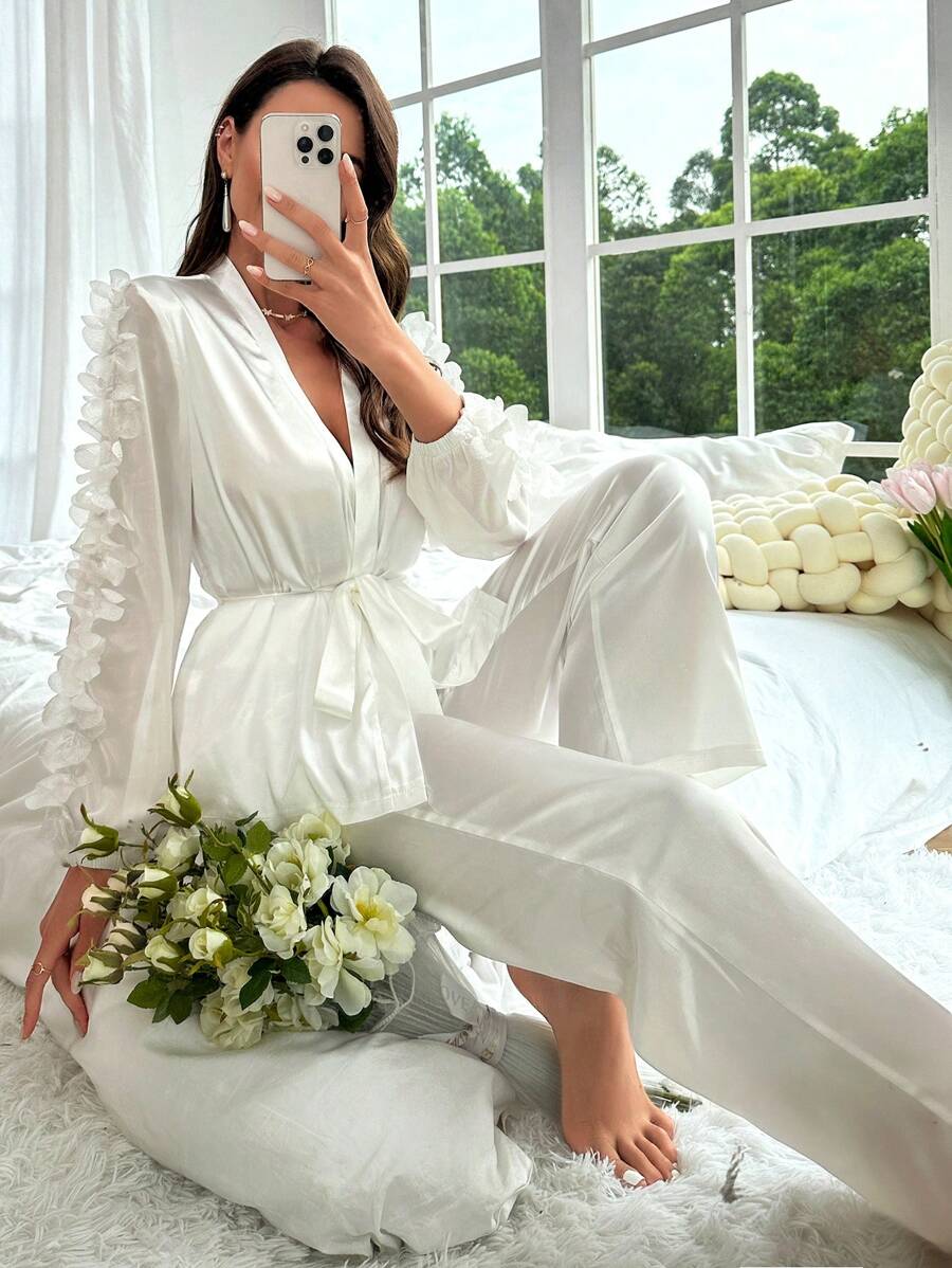 Contrast Lantern Sleeve Satin Set-Soco Hoodie