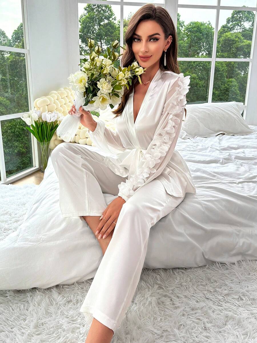 Contrast Lantern Sleeve Satin Set-Soco Hoodie