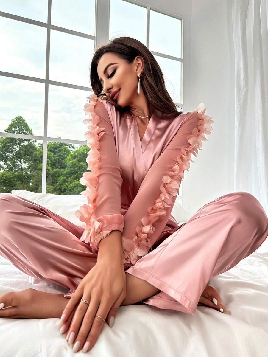 Contrast Lantern Sleeve Satin Set-Soco Hoodie