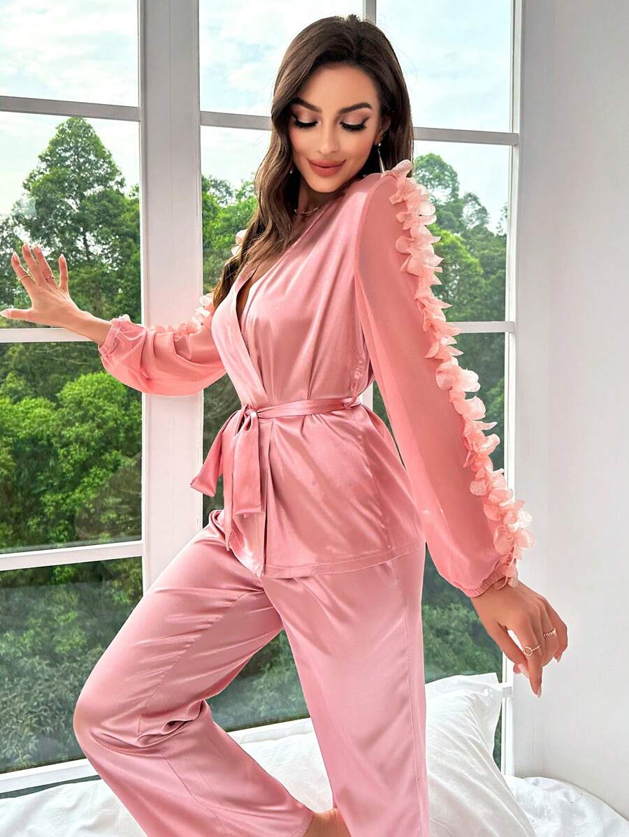 Contrast Lantern Sleeve Satin Set-Soco Hoodie