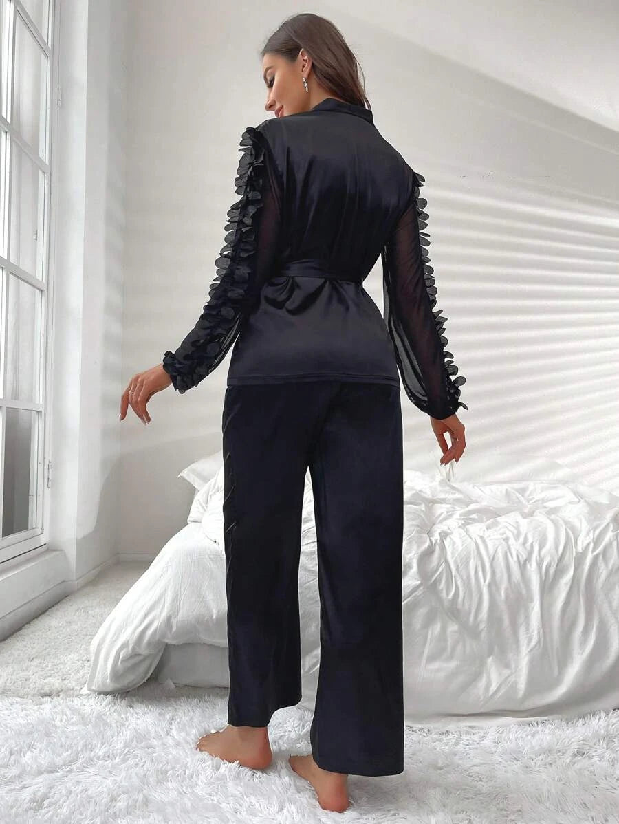 Contrast Lantern Sleeve Satin Set-Soco Hoodie