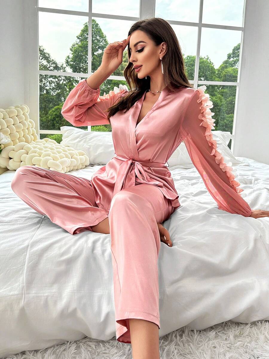 Contrast Lantern Sleeve Satin Set-Soco Hoodie