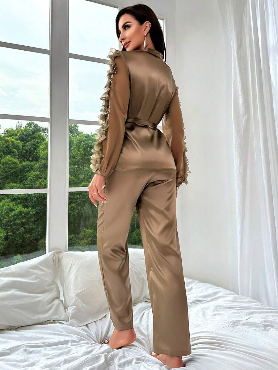 Contrast Lantern Sleeve Satin Set-Soco Hoodie