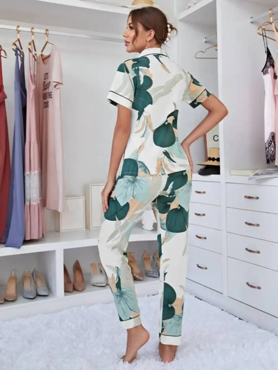 Contrast Piping Floral Print Night Set-Soco Hoodie