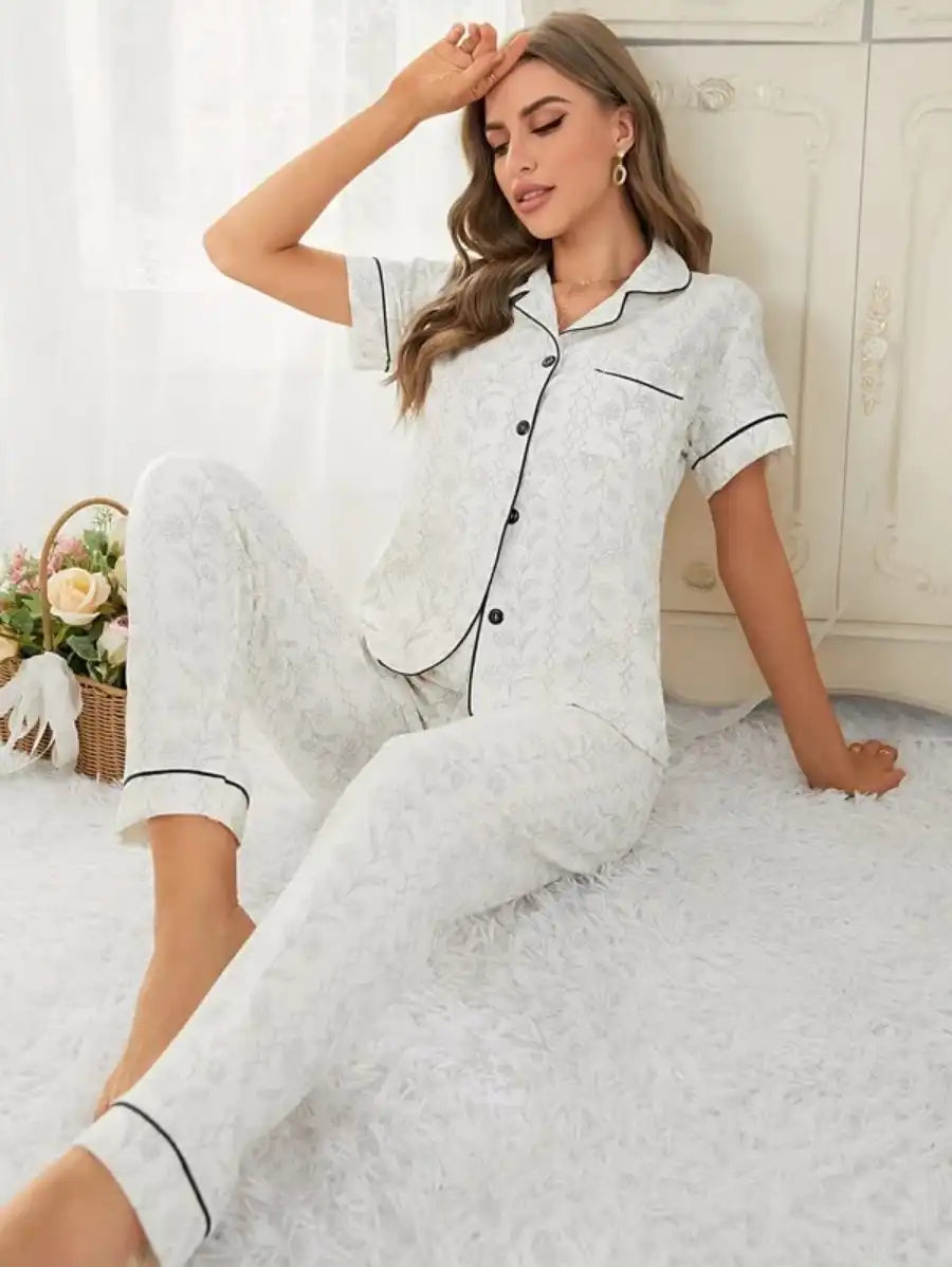 Contrast Piping Jacquard Pajama Set-Soco Hoodie