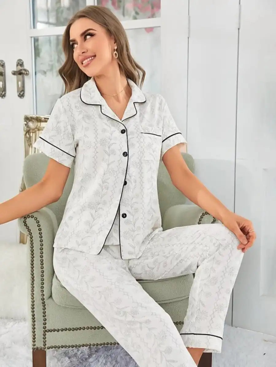 Contrast Piping Jacquard Pajama Set-Soco Hoodie