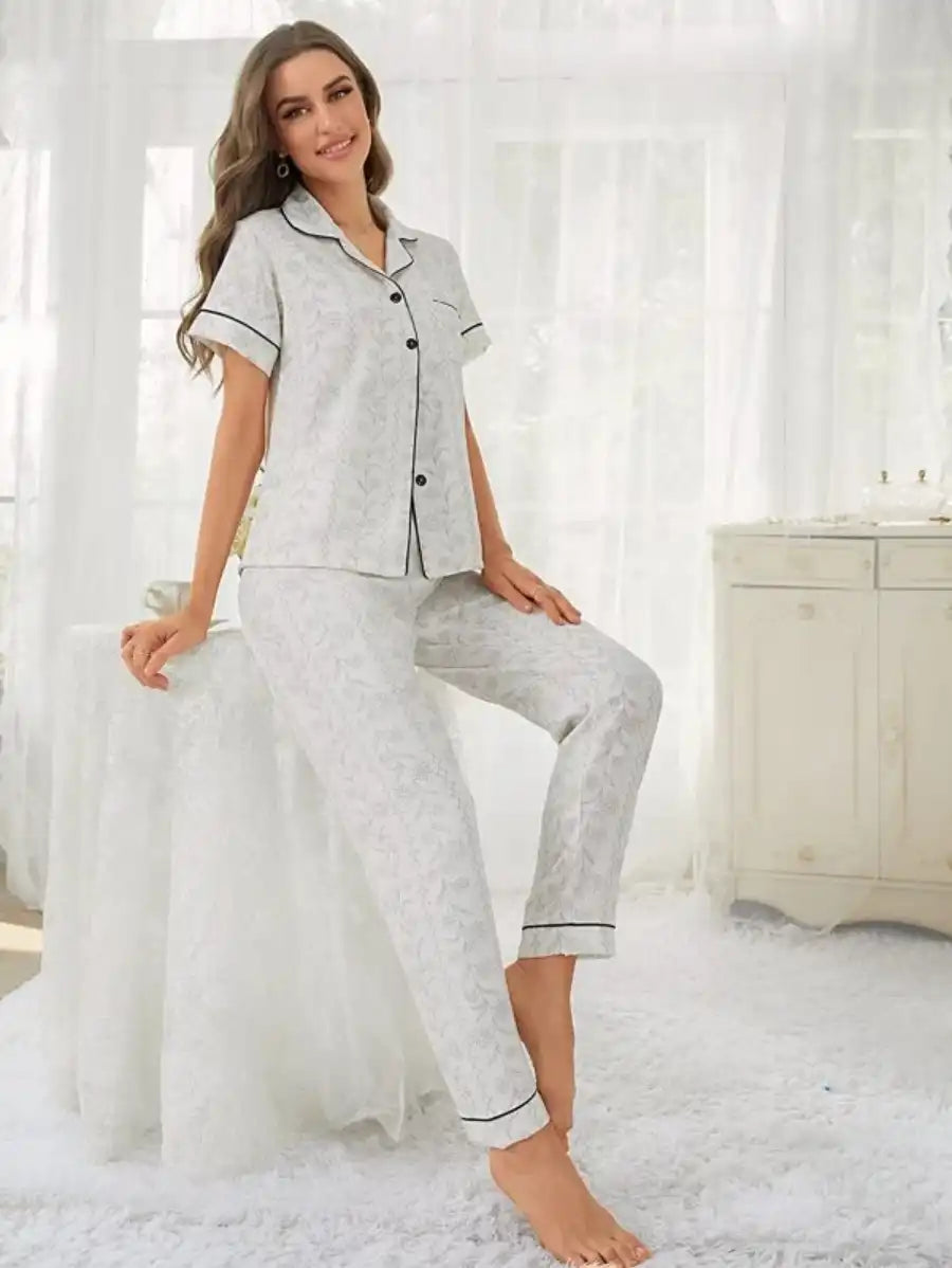Contrast Piping Jacquard Pajama Set-Soco Hoodie