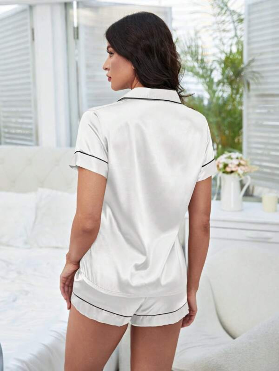 Contrast Piping Satin Shorts Set-Soco Hoodie