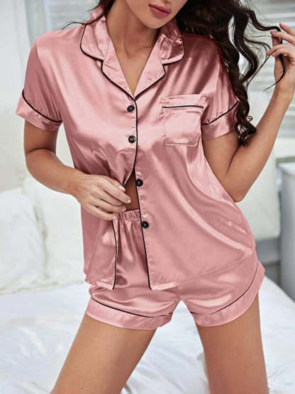 Contrast Piping Satin Shorts Set-Soco Hoodie