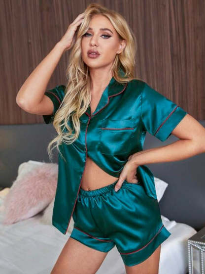 Contrast Piping Satin Shorts Set-Soco Hoodie