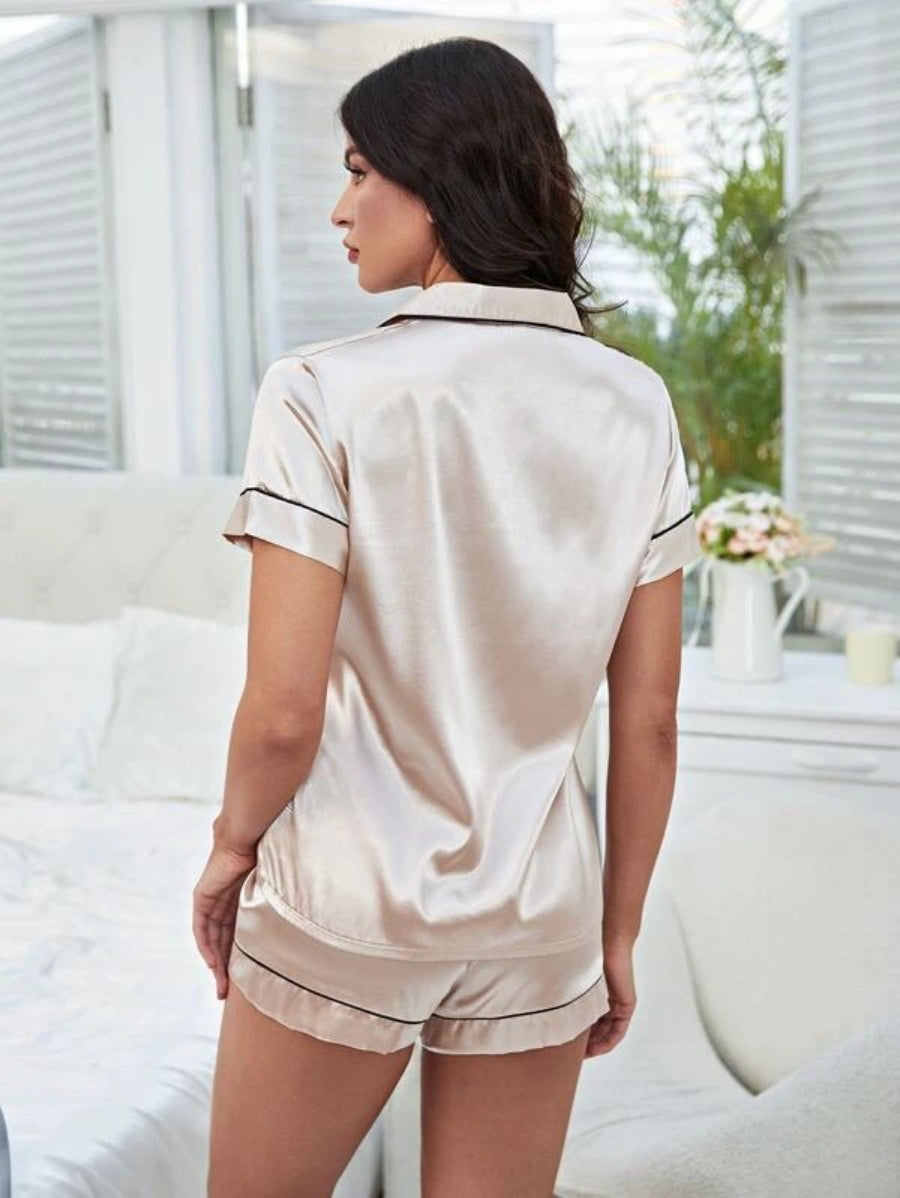 Contrast Piping Satin Shorts Set-Soco Hoodie