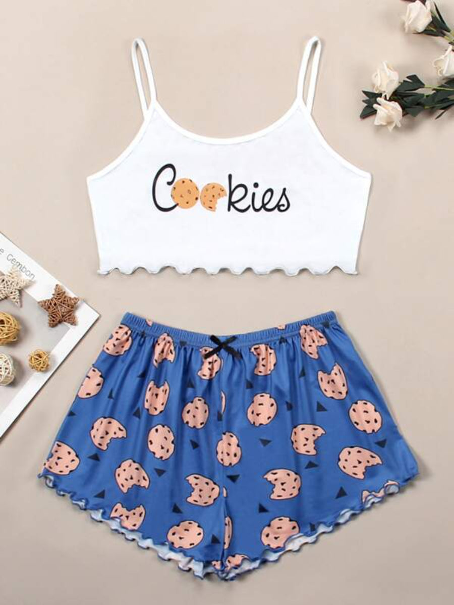 Cookies And Letter Graphic Lettuce Trim Cami Set-Soco Hoodie