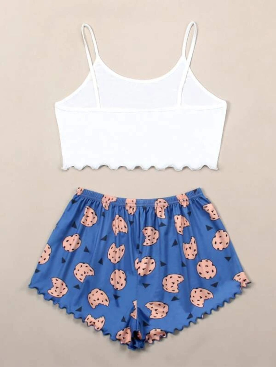 Cookies And Letter Graphic Lettuce Trim Cami Set-Soco Hoodie