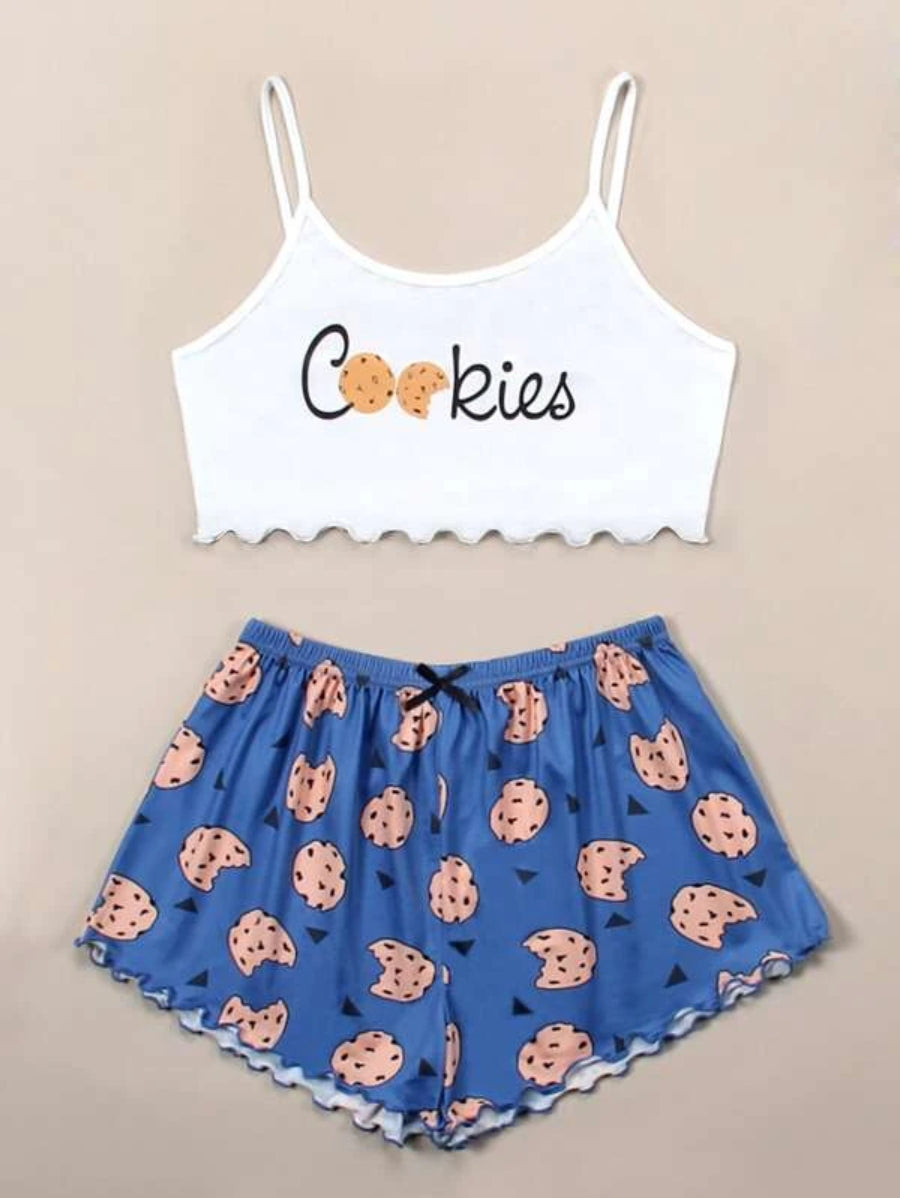 Cookies And Letter Graphic Lettuce Trim Cami Set-Soco Hoodie