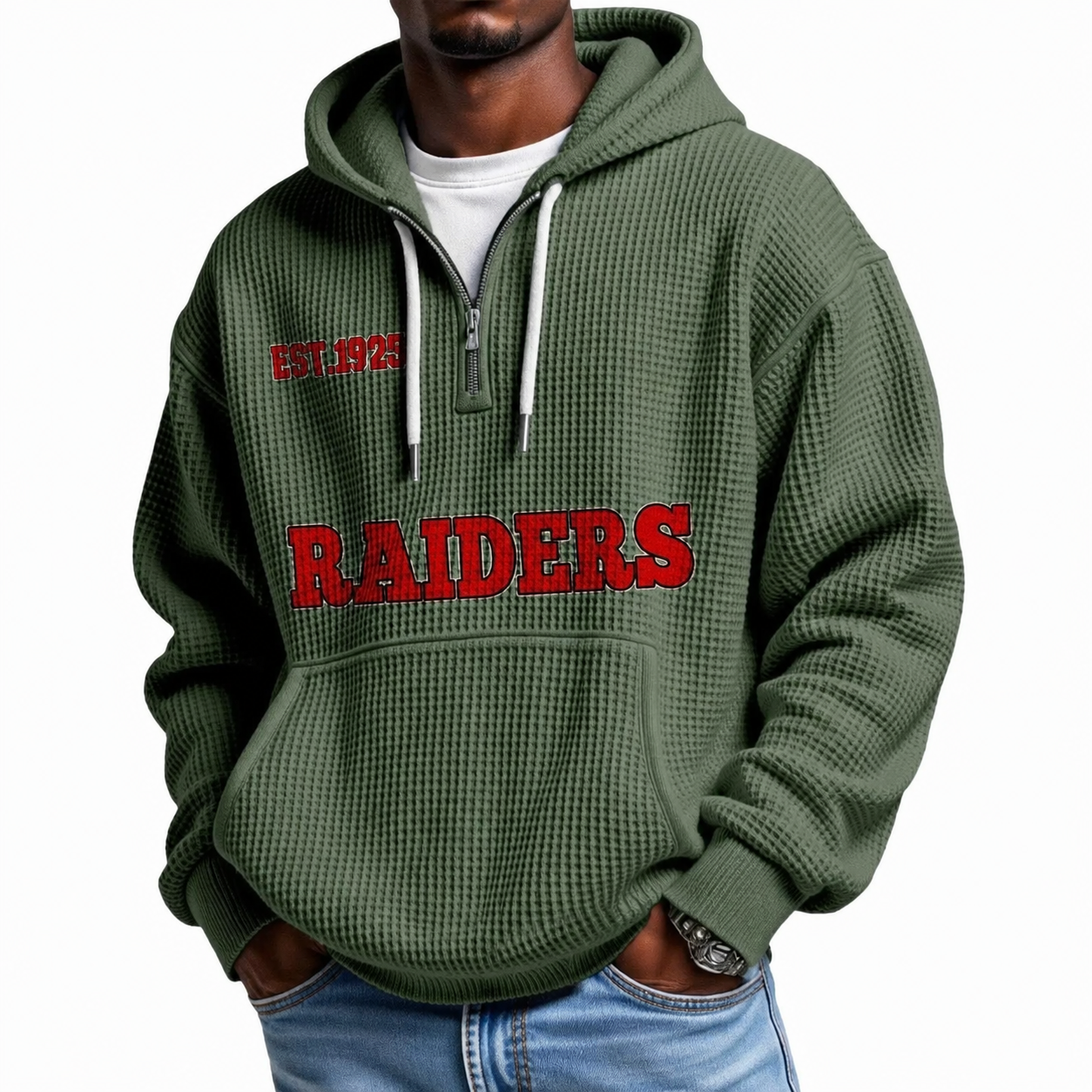 Las Vegas Raiders EST 1925 Themed Quarter Zip Waffle Football Fan Hoodie