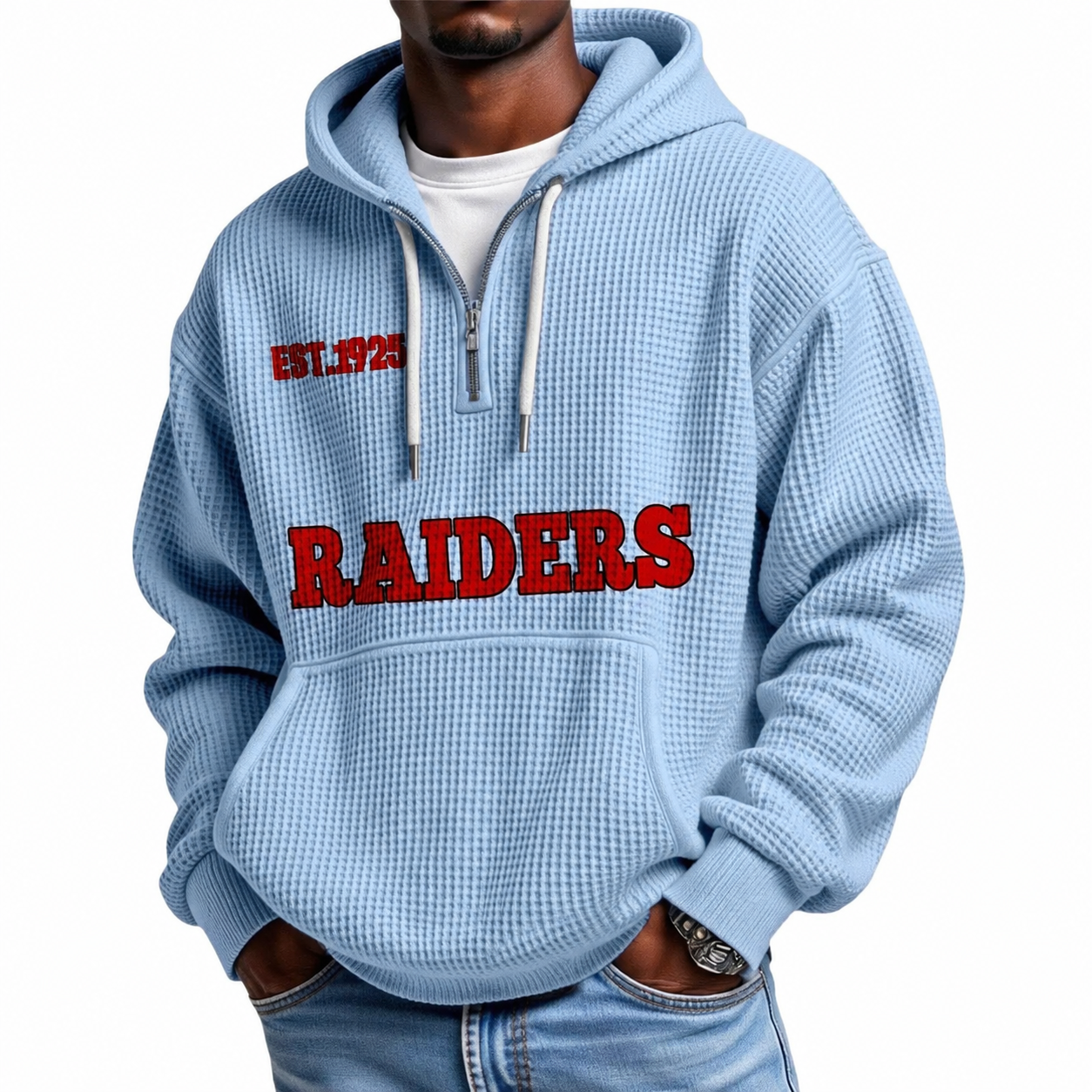 Las Vegas Raiders EST 1925 Themed Quarter Zip Waffle Football Fan Hoodie