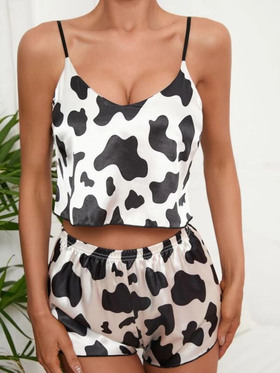 Cow Pattern Satin Pajama Set-Soco Hoodie
