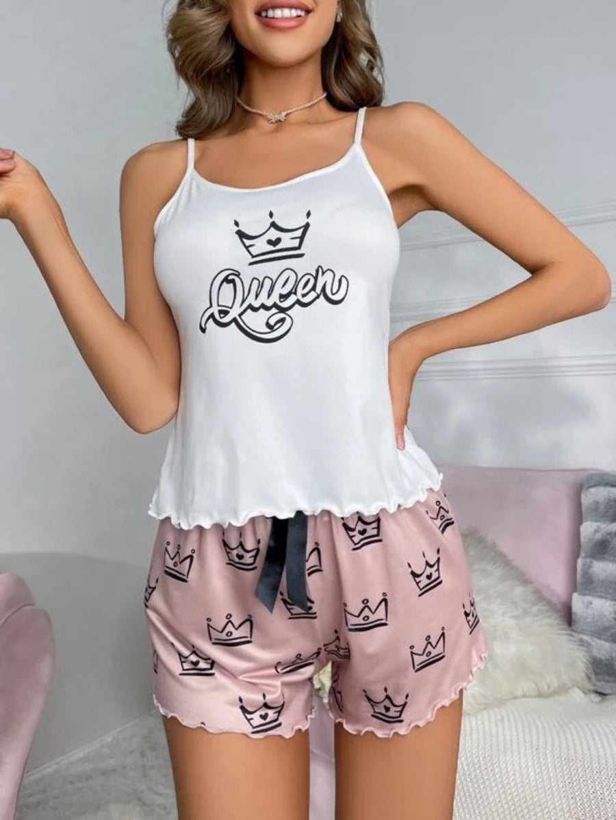 Crown And Letter Graphic Bow Front Pajama Set-Soco Hoodie