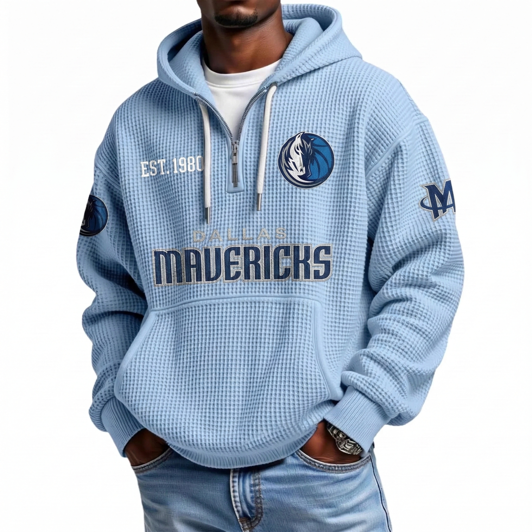 Dallas Mavericks EST 1980 Printed Waffle Quarter Zip Basketball Fan Hoodie