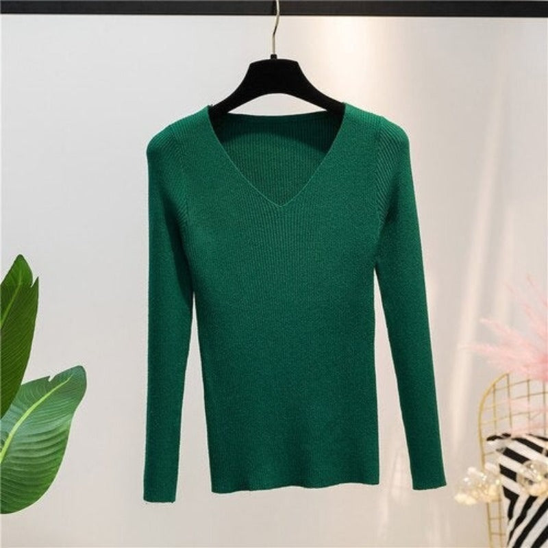 V-Neck Knitted Long-Sleeved Slim Tight Pullover For Women-Soco Hoodie