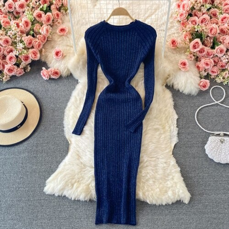 O-Neck Winter Knitted Bodycon Sweater Dress-Soco Hoodie