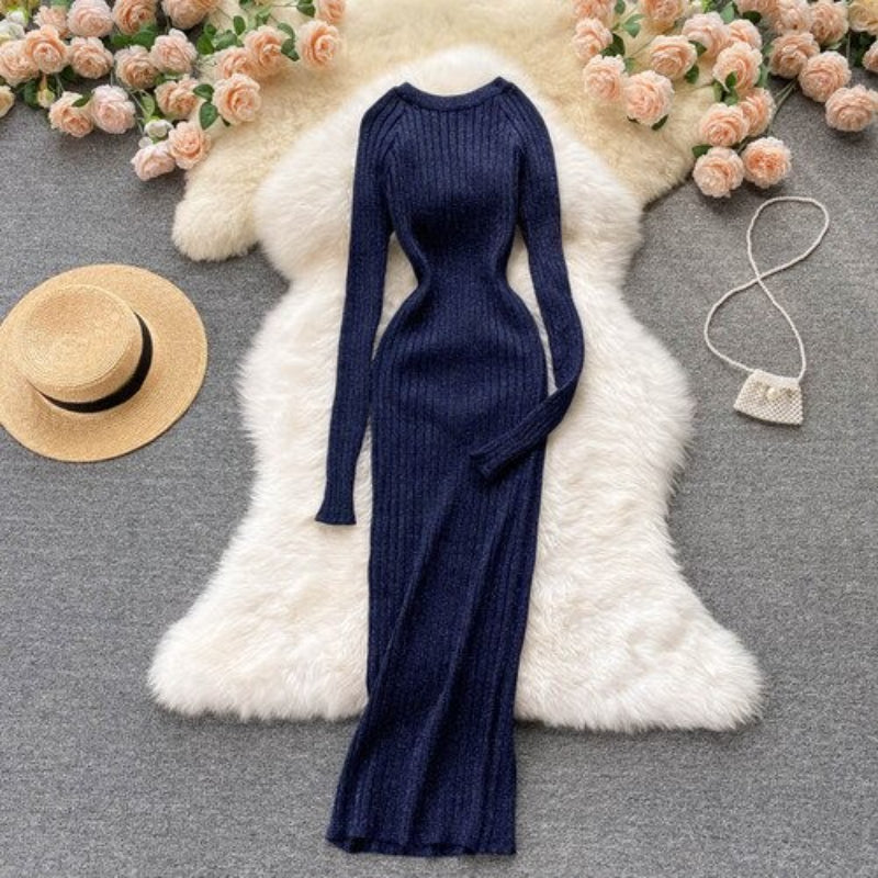 O-Neck Elastic Warm Knitted Sweater Dress-Soco Hoodie