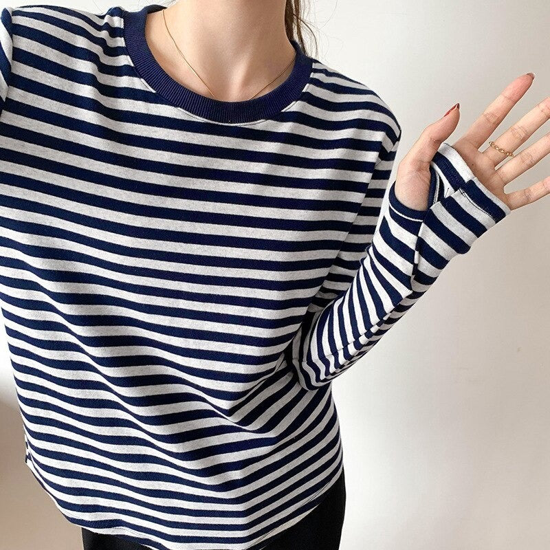 Casual Thick Stripes Knitted Cotton T-Shirts For Women-Soco Hoodie