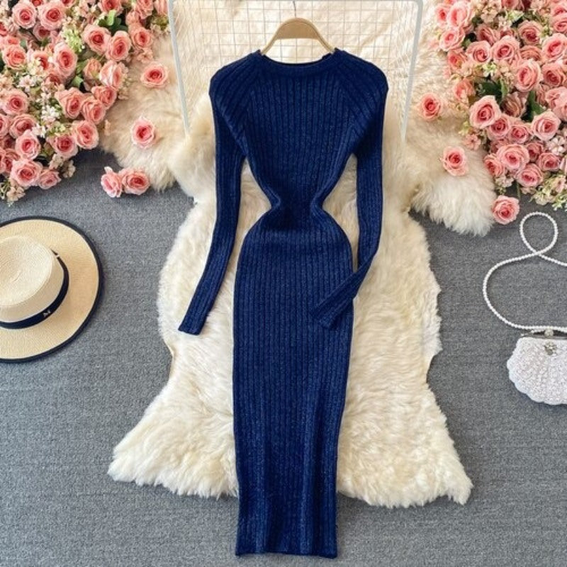Bright Silk Elegant Knitted Long Sleeve Dress For Women-Soco Hoodie