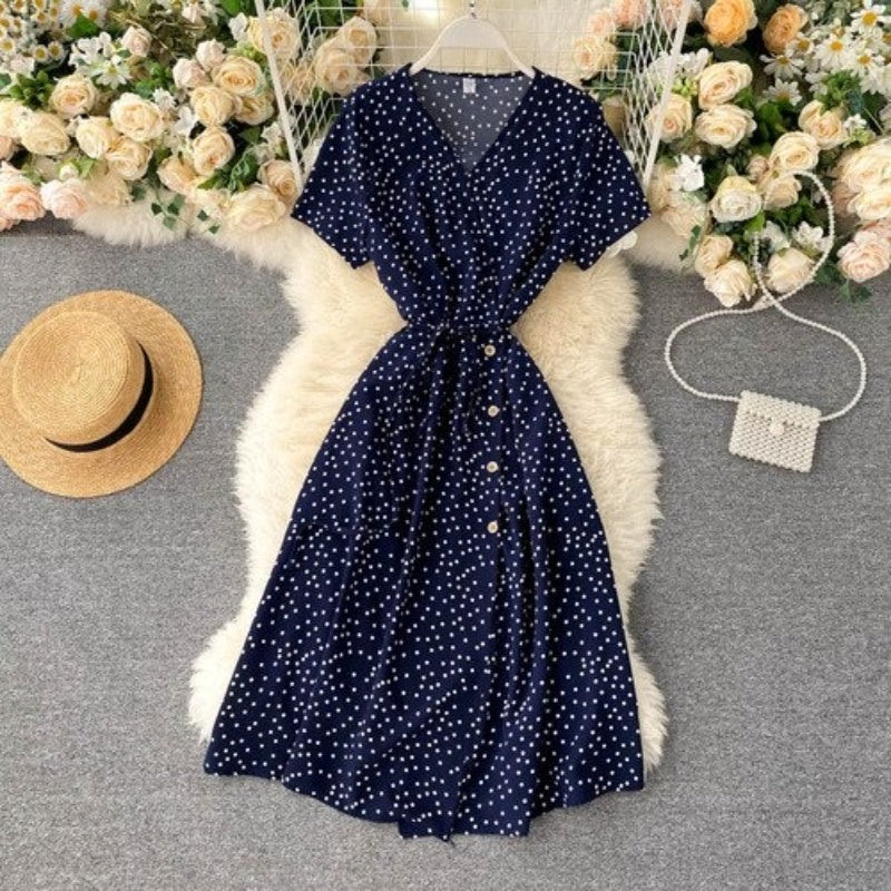 Korean V-neck Polka Dot Shorts Sleeve Dress For Women-Soco Hoodie