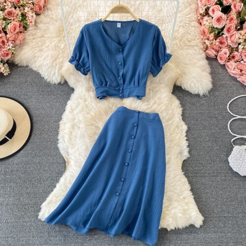 Retro Elegant Puff Sleeve Short Top With Skirt For Women-Soco Hoodie