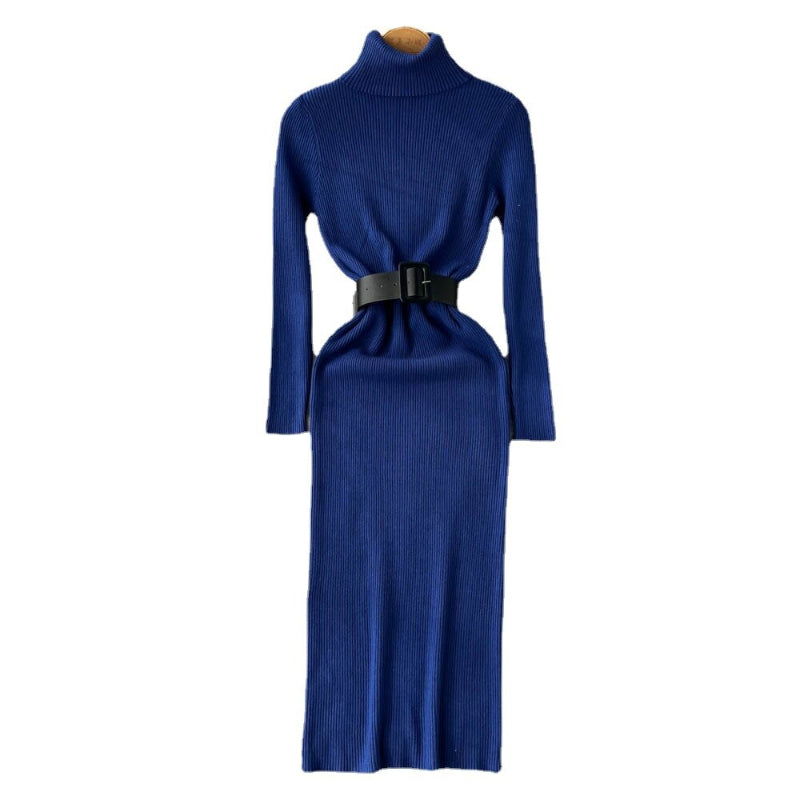 Long Turtleneck A-Line Knitted Bodycon Dress With Belt-Soco Hoodie