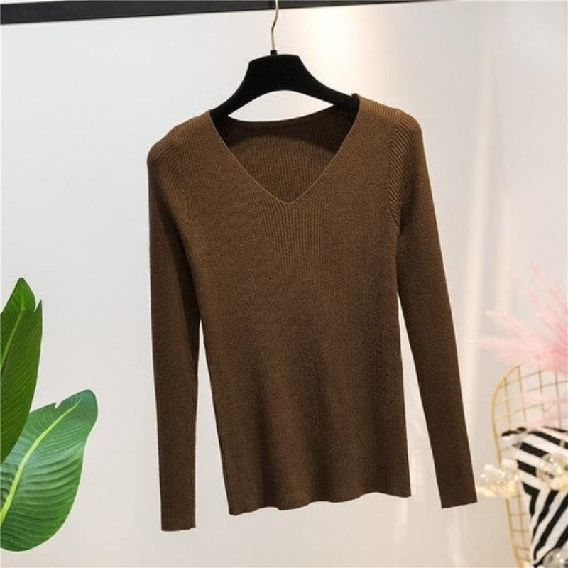 V-Neck Knitted Long-Sleeved Slim Tight Pullover For Women-Soco Hoodie