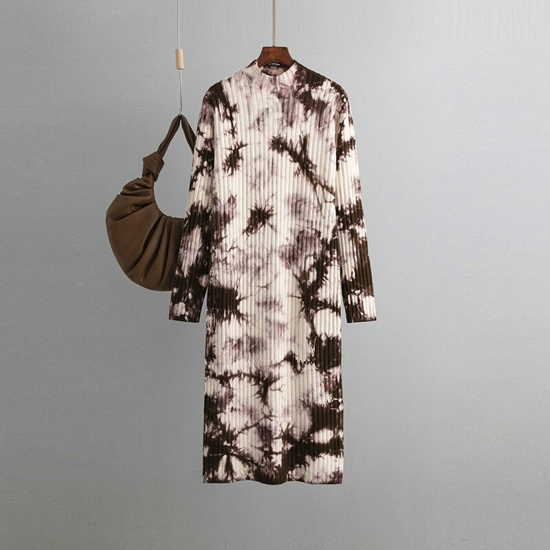 Loose Midi Retro Printed Soft Tie-Dyed Knitted Dress-Soco Hoodie