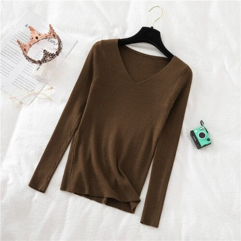 V-Neck Long-Sleeved Woolen Knitted Pullover For Women-Soco Hoodie