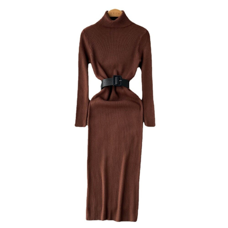 Long Turtleneck A-Line Knitted Bodycon Dress With Belt-Soco Hoodie
