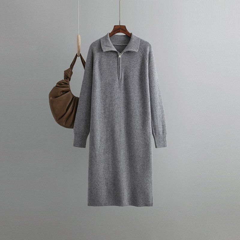 Zipper Turtleneck Thick Knitted Sweater Dress-Soco Hoodie
