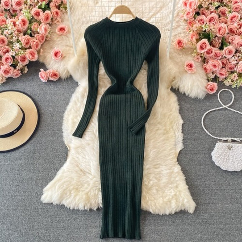 O-Neck Winter Knitted Bodycon Sweater Dress-Soco Hoodie