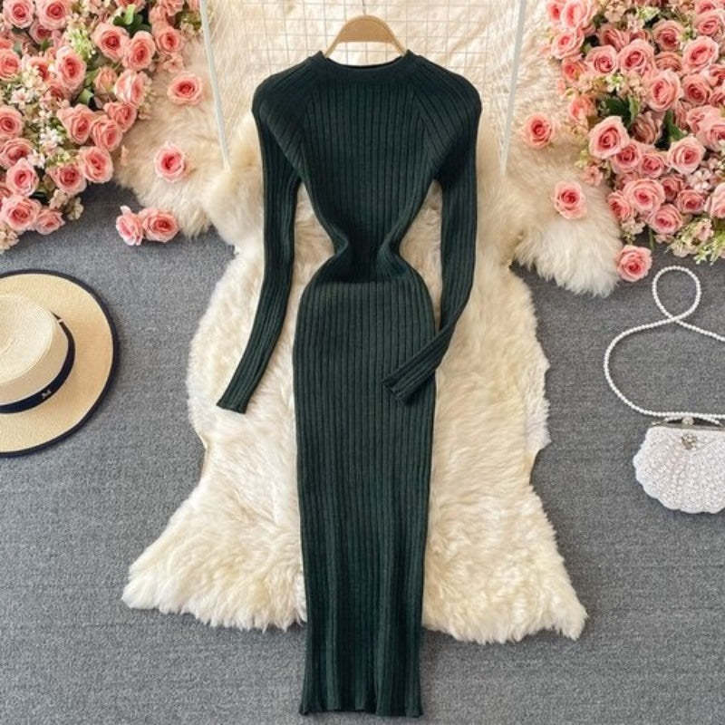 Bright Silk Elegant Knitted Long Sleeve Dress For Women-Soco Hoodie